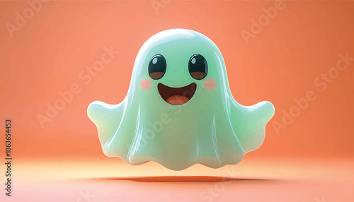 Cute Cartoon Ghost with a Cheerful Expression Floating.