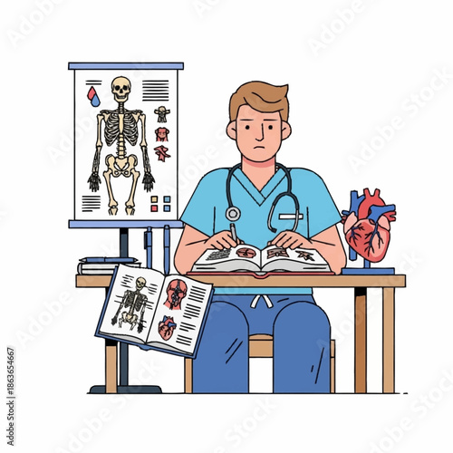 Medical student studying human anatomy and physiology with books and models.