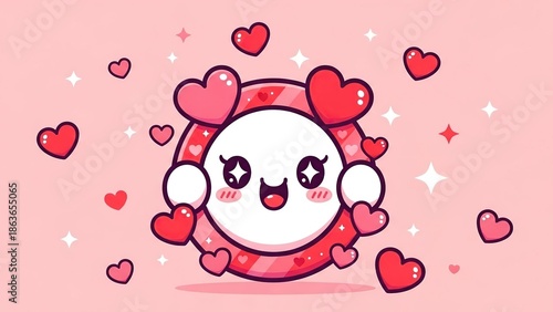 Adorable pink cartoon octopus character with hearts and stars expressing joy and love in a playful vector illustration