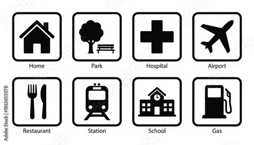 Location icons set. Includes home, park, hospital, airport, restaurant, station, school, and gas icons.