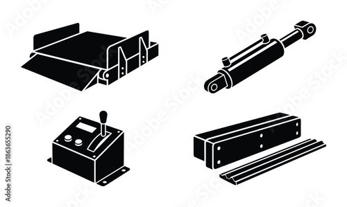 Mechanical elements black illustration. Set of parts, including hydraulic cylinder, shifter, and conveyor system elements.