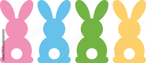Four brightly colored bunny silhouettes in a row show pink, blue, green, and yellow on white