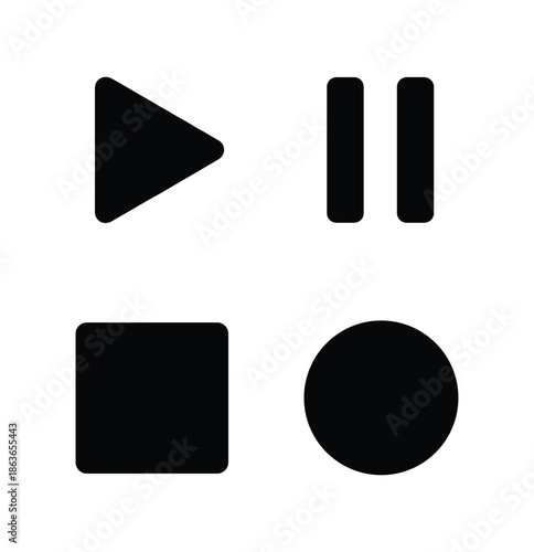 Media controls icon set including play, pause, stop, and record in simple black design.