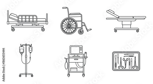 Medical equipment line art featuring a hospital bed, wheelchair, surgical table, IV drip, monitor, and surgical tools.