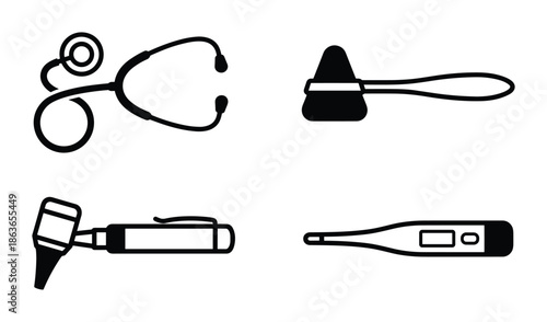 Medical diagnostic tools icon set: stethoscope, reflex hammer, otoscope, and digital thermometer.