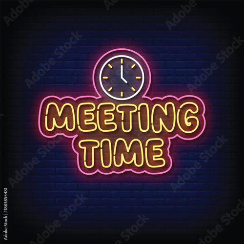 meeting time neon signboard with brick wall background vector