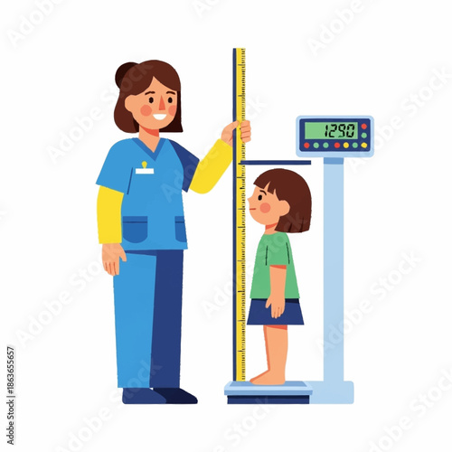 Nurse measuring a young girls height and weight during a medical check-up.