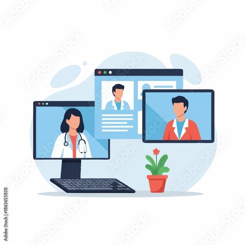 Online medical consultation and telehealth services via computer screens.
