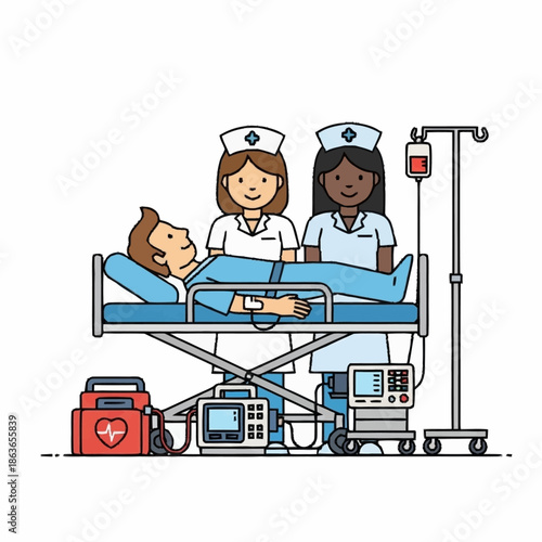 Nurses caring for patient in hospital bed with medical equipment.