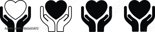 Four distinct hand icons gently cradling a heart symbol in various outline and solid styles