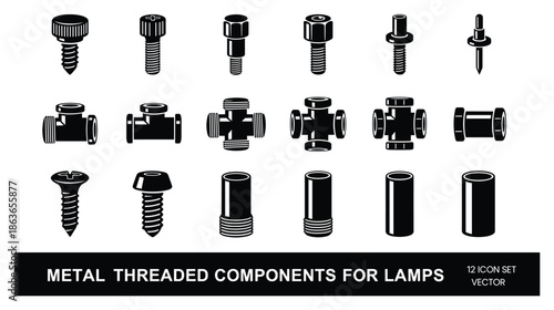 Metal threaded components for lamps icon set vector. Detailed screws, pipes and joints. Vector illustration set