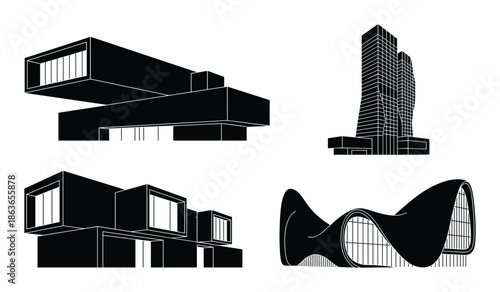 Modern architecture showcasing buildings design. Styles include curved, cubic, and facade designs. Urban planning.