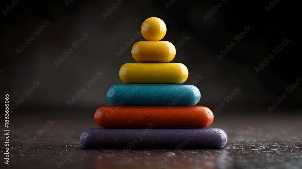 Obraz premium A colorful pyramid of stacked capsules and a sphere symbolizing order and progress