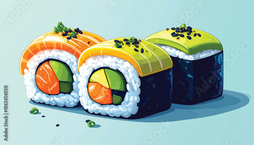 Colorful Sushi Rolls with Avocado and Salmon Toppings.