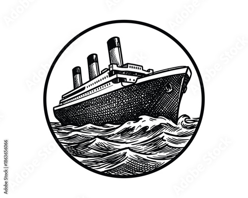 Monochrome drawing of titanic ship sailing on water. Round emblem with ocean liner.