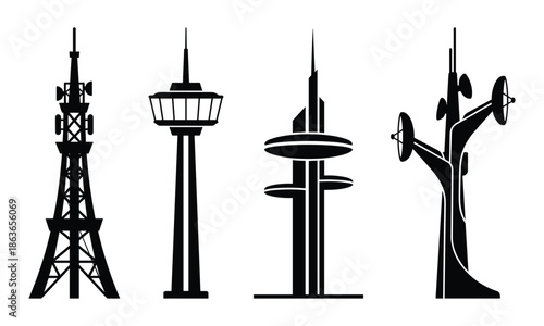 Monochrome illustrations featuring various telecommunication towers and antenna designs in silhouette style.