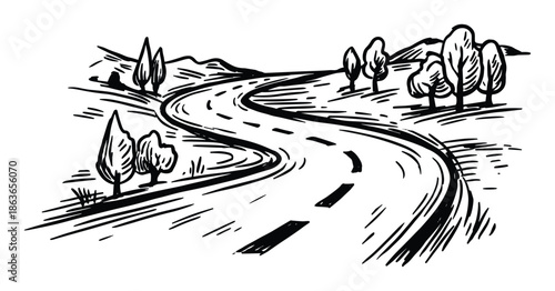 Monochrome sketch style image shows winding road landscape with mountains and trees in the background.