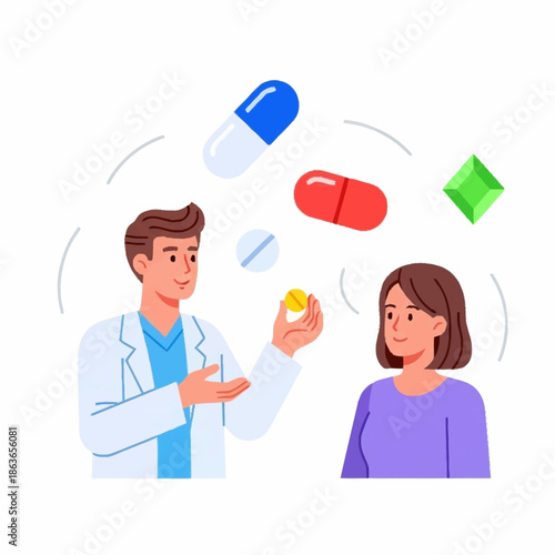 Pharmacist explaining medication to a female patient.
