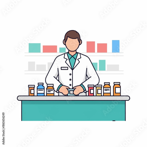 Pharmacist standing behind counter with various medicine bottles.