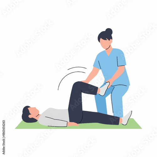 Physical therapist assisting man with leg exercise for rehabilitation.