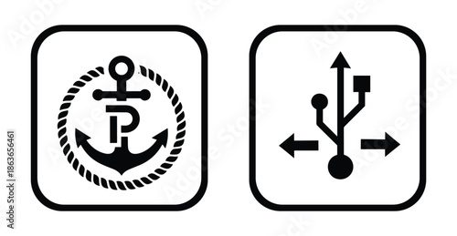 Nautical anchor in rope circle and USB connection symbols in black and white vector icons.