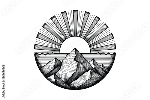 Mountains and a rising sun drawn with radial lines in black ink. Vector design illustration for logo, icon, print.