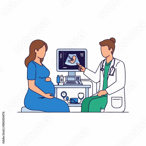 Pregnant woman consulting with doctor for prenatal checkup.