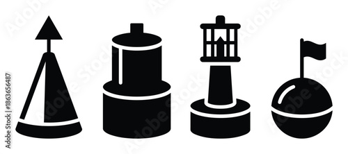 Nautical buoys icons set showing navigation markers and waterway safety signs. Isolated vector illustration.