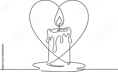 Heart and Candle One Line Art: Minimalist Continuous Line Memorial or Romantic Vector