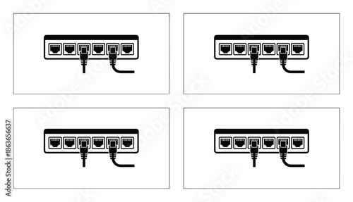 Network switch illustration featuring cable connections in four different combinations. Data transfer device