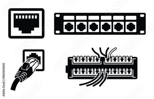 Network connection icons with RJ45 connector, wall socket, and patch panel. Vector illustration.