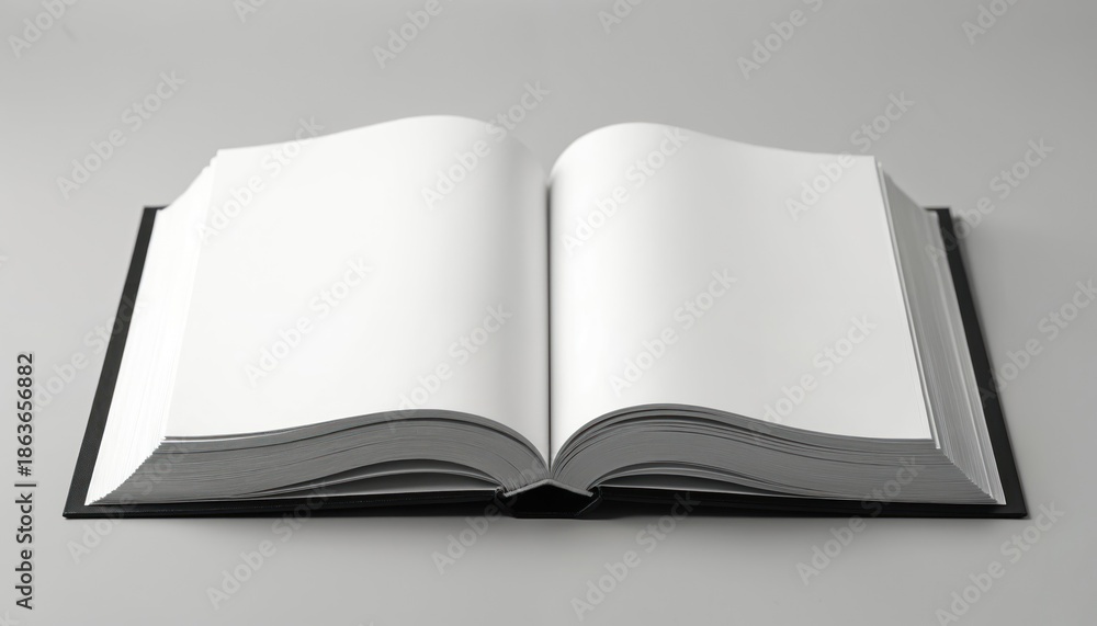 Fototapeta premium An open book with blank white pages. This clean notebook invites writing, drawing or adding text. Use for creative ideas, stories or as a placeholder.