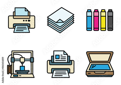 Office equipment vector illustration. Features printers, paper stacks, ink cartridges, a 3D printer, and a scanner.