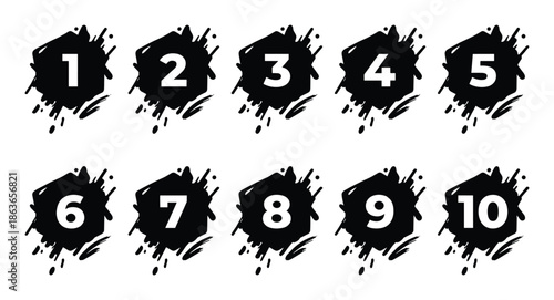 Number one to ten in black splattered hexagon shape, bold numerals for graphic projects.