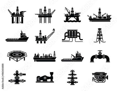 Oil and gas industry elements collection. Vector black icons set of offshore platforms, ships, and equipment.