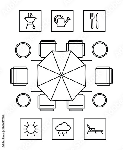 Outdoor dining with umbrella, eight chairs, table, and icons including grill, sun, rain, watering can, and lounger