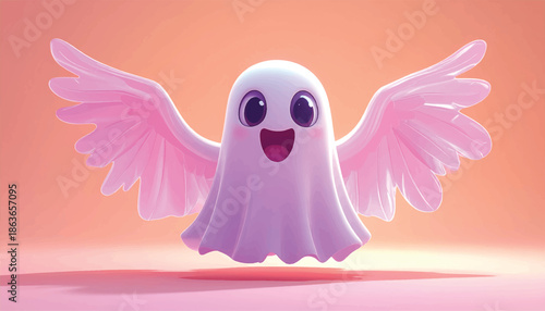 Adorable Ghost with Pink Wings Floating in a Dreamy Setting.