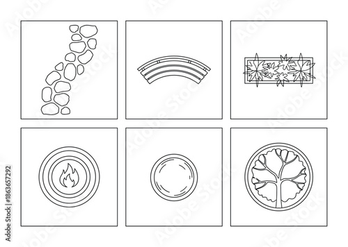 Outlined landscape elements. Includes stone path, bridge, plants, fire pit, pool, and tree drawing set.