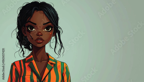 Stylized portrait of a young Black woman with a serious expression.