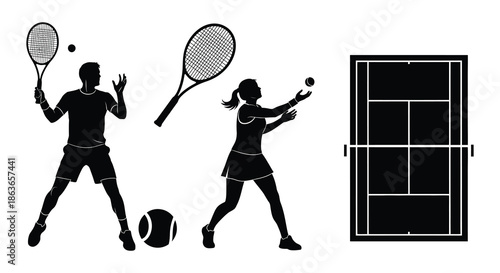 Silhouettes of tennis players and equipment representing the sport of tennis