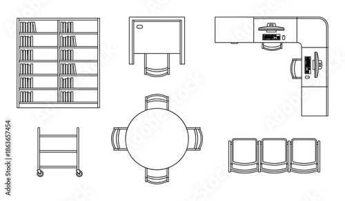 Overhead layout plan featuring office furniture: bookshelf, computer desks, office chairs, cart, and waiting area seating.