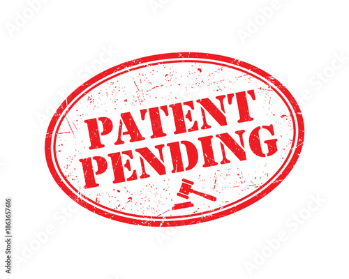 Patent pending stamp in red. Oval shape with grunge, showing gavel icon. Protection of rights is pending.