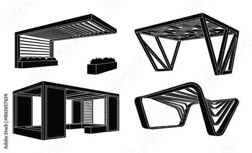 Pergola structures design collection, featuring modern shelters, shade canopies, and outdoor seating with planters boxes.