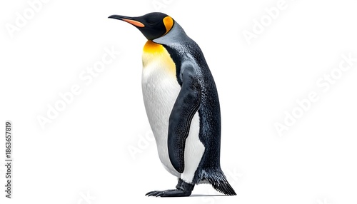 A majestic King Penguin stands tall on a white background, showcasing its vibrant plumage and regal posture.