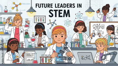 Diverse group of young girls in a science laboratory, working with microscopes and beakers, future leaders in stem education and research with girls in STEM
