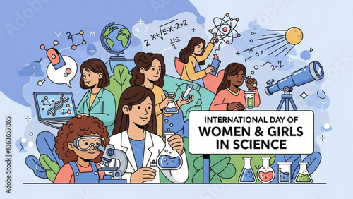 International day of women and girls in science illustration with diverse group of young women and girls engaging in various scientific activities and experiments
