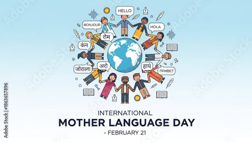 International mother language day illustration with diverse people around the globe speaking various languages with diversity and culture and communication
