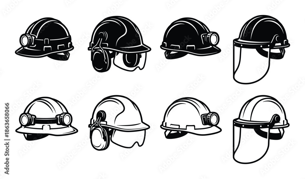 Fototapeta premium Protective mining helmets vector set. Safety headgear with mounted light, earmuffs, and face shield illustrations.