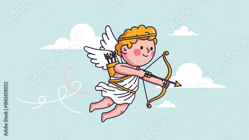 Cartoon cherub flying with bow and arrow, smiling, white wings, gold headband, white toga, blue sky background with fluffy clouds, cupid like character in mid air