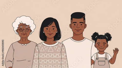 Diverse multi generational family standing together, happy and smiling, with a young girl waving, against a soft peach background, conveying love and unity